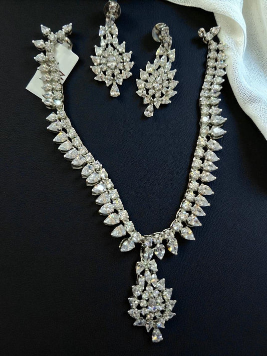 diamond look necklace, american diamond jewellery, bridal set, white stone jewellery, luxury necklace set, statement earrings, house of pranvi, sangeet jewellery, cocktail party jewellery, tear drop necklace, dazzling set, engagement jewellery, designer set, festive fashion, indian jewellery

