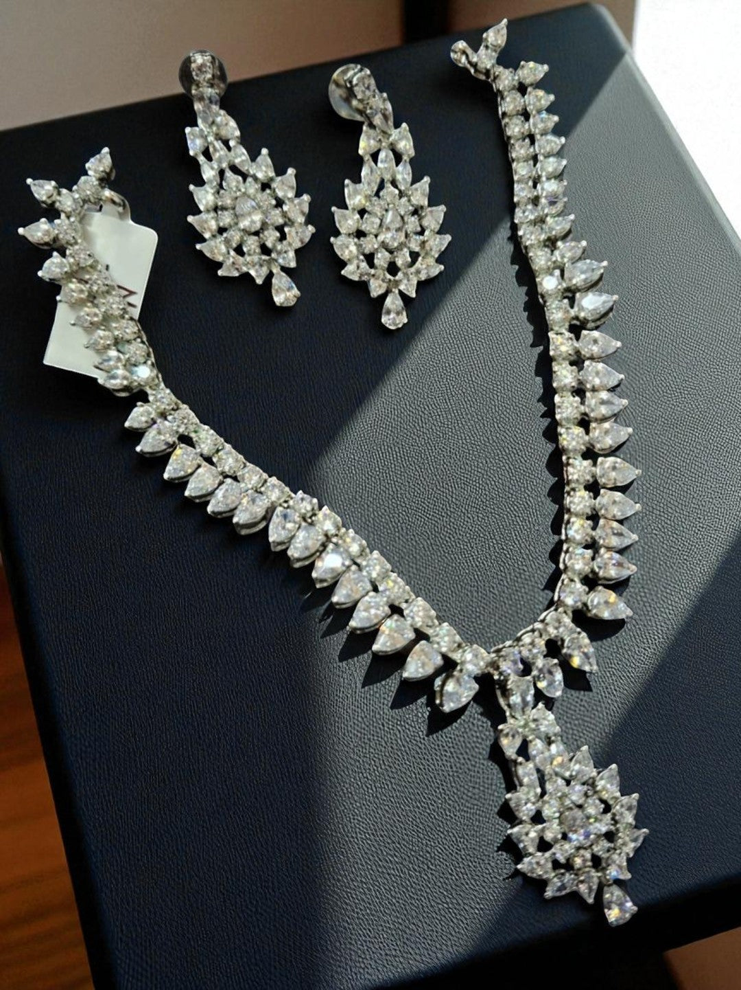 diamond look necklace, american diamond jewellery, bridal set, white stone jewellery, luxury necklace set, statement earrings, house of pranvi, sangeet jewellery, cocktail party jewellery, tear drop necklace, dazzling set, engagement jewellery, designer set, festive fashion, indian jewellery

