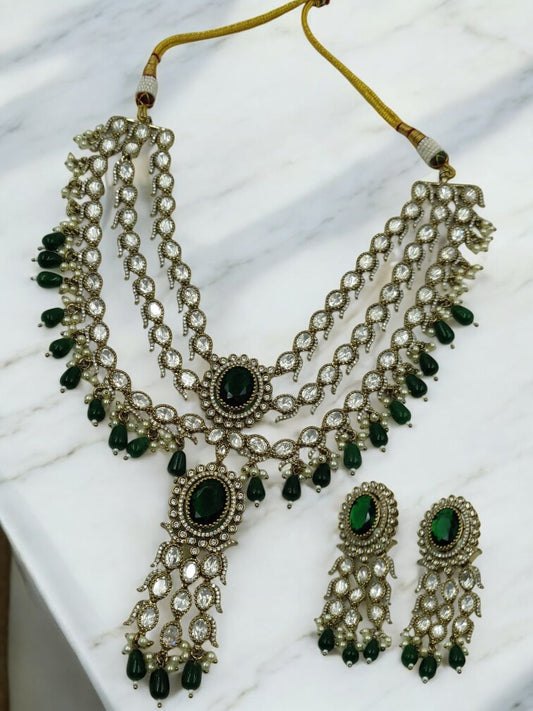 EMERALD POLKI KUNDAN LAYERED NECKLACE SET