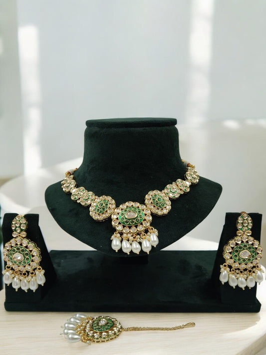REGAL KUNDAN PEARL GREEN JEWELLERY SET