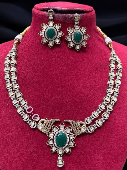 peacock kundan set, emerald necklace, traditional kundan jewelry, heritage necklace set, bridal kundan, festive jewelry, green stone set, house of pranvi, ethnic elegance, floral kundan design