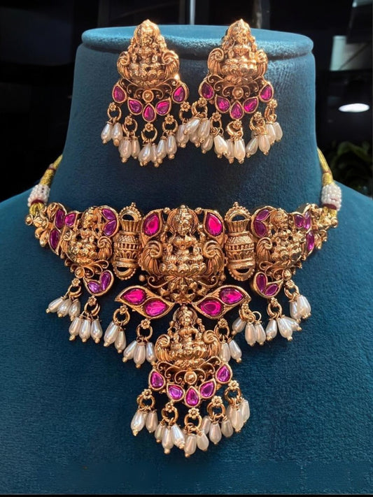 temple jewelry, lakshmi choker set, bridal temple necklace, pearl temple choker, traditional south Indian jewelry, antique finish gold set, house of pranvi, divine goddess jewelry, heritage choker

