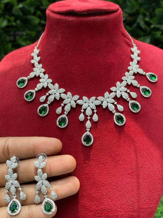floral necklace, diamond look jewellery, bridal jewellery set, white stone necklace, teardrop earrings, luxury fashion jewellery, statement jewellary, designer necklace set, wedding reception jewellery, house of pranvi style