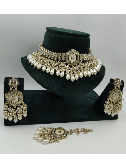 bridal jewellery, pearl jewellery, polki choker set, kundan jewellery, maang tikka set, traditional necklace, indian wedding jewellery, heavy bridal set, house of pranvi jewellery, ethnic choker set