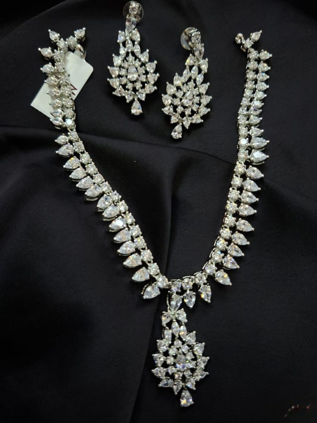 diamond look necklace, american diamond jewellery, bridal set, white stone jewellery, luxury necklace set, statement earrings, house of pranvi, sangeet jewellery, cocktail party jewellery, tear drop necklace, dazzling set, engagement jewellery, designer set, festive fashion, indian jewellery

