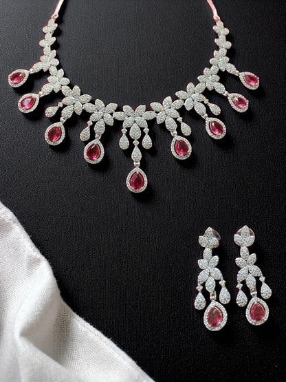 floral necklace, diamond look jewellery, bridal jewellery set, white stone necklace, teardrop earrings, luxury fashion jewellery, statement jewellary, designer necklace set, wedding reception jewellery, house of pranvi style