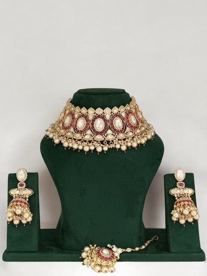 kundan choker set, bridal jewelry, pearl choker, indian wedding jewelry, antique gold necklace, ruby kundan set, traditional jewelry, house of pranvi, luxury ethnic jewelry, statement bridal set

