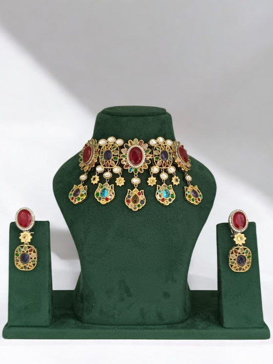 meenakari choker set, festive jewellery set, bridal enamel necklace, colorful kundan jewellery, designer indian choker, traditional jewellery india, handcrafted meenakari set, luxury festive accessories, multicolour stone choker, house of pranvi jewellery