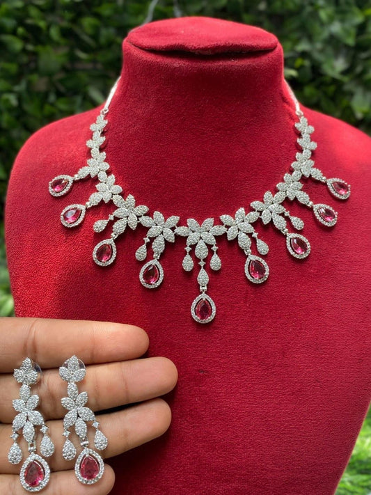 floral necklace, diamond look jewellery, bridal jewellery set, white stone necklace, teardrop earrings, luxury fashion jewellery, statement jewellary, designer necklace set, wedding reception jewellery, house of pranvi style