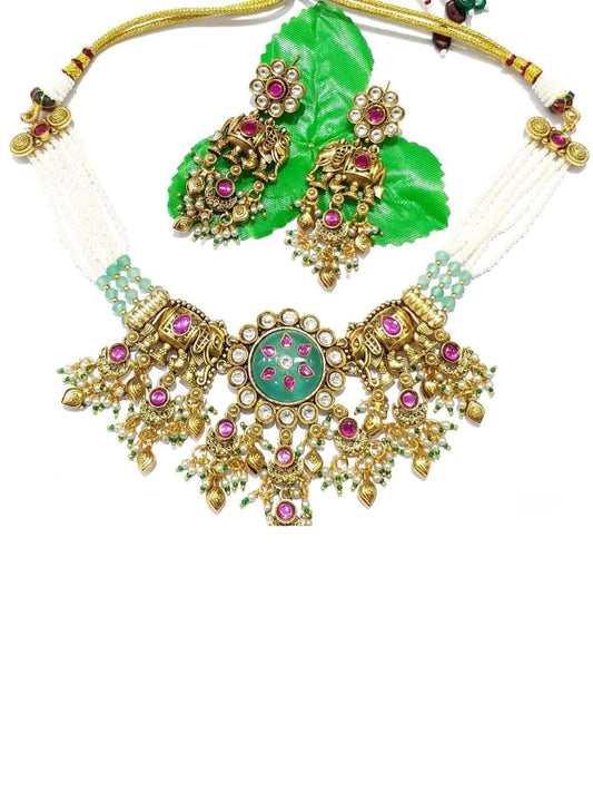 elephant motif jewellery, cultural jewellery, heritage necklace set, ethnic bridal set, divine design jewellery, traditional indian jewellery, spiritual motif jewellery