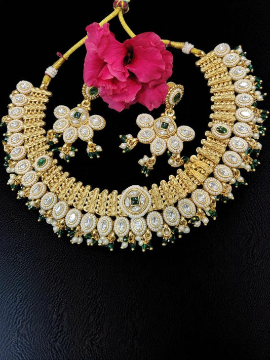 heritage jewellary, kundan polki jewellary, bridal necklace, royal indian jewellary, gold finish jewellary, pearl detailing, emerald kundan set, festive wear jewellary, handcrafted set