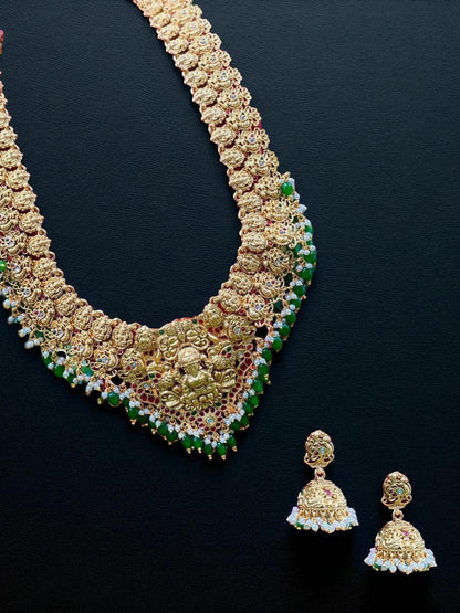 temple necklace set, Lakshmi jewellery, antique gold necklace, bridal temple jewellery, South Indian necklace, traditional necklace, handcrafted jewellery, gold plated necklace, festive jewellery, House of Pranvi necklace
