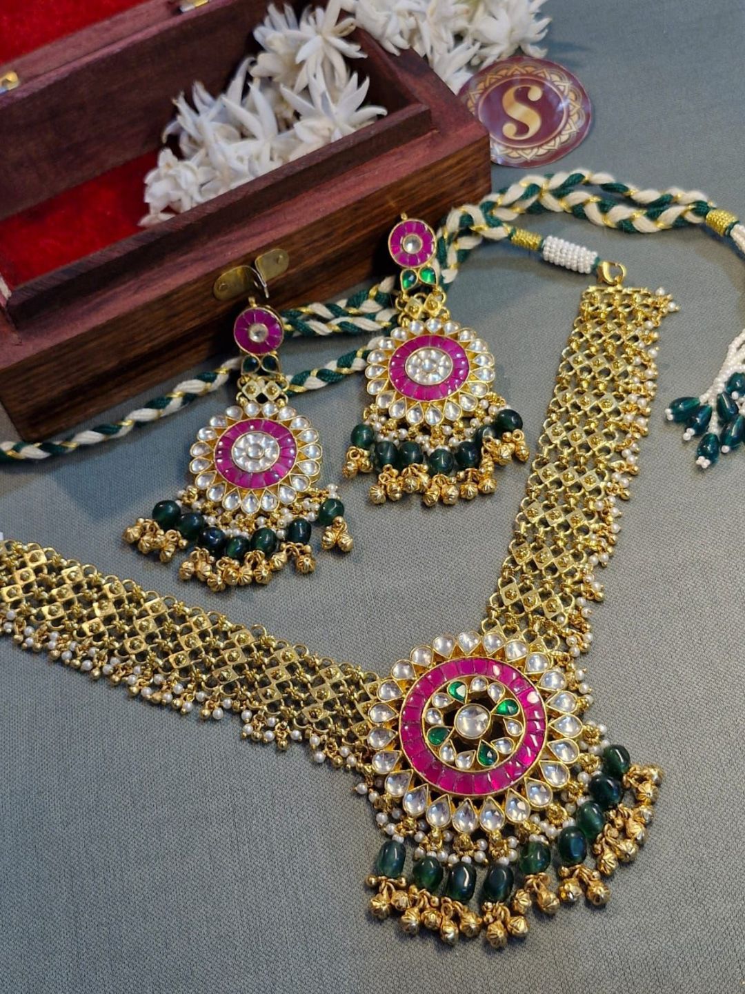 KundanMeshChoker, ChandbaliEarrings, BridalJewelrySet, PinkMeenakariNecklace, TraditionalIndianJewelry, GreenBeadNecklace, HeritageBridalJewels, RoyalWeddingAccessories, DesignerEthnicJewelry, FestiveLuxurySet