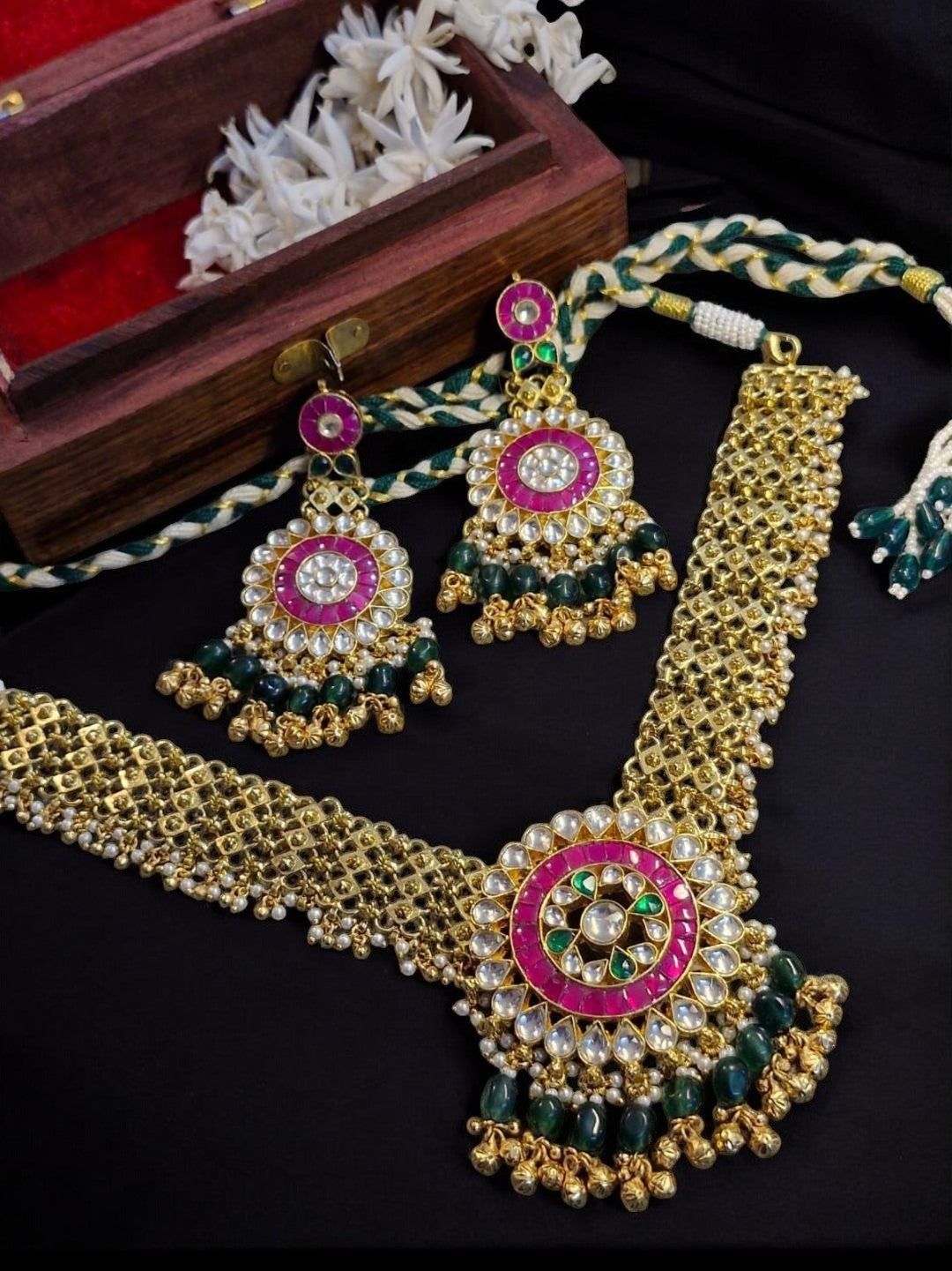 KundanMeshChoker, ChandbaliEarrings, BridalJewelrySet, PinkMeenakariNecklace, TraditionalIndianJewelry, GreenBeadNecklace, HeritageBridalJewels, RoyalWeddingAccessories, DesignerEthnicJewelry, FestiveLuxurySet