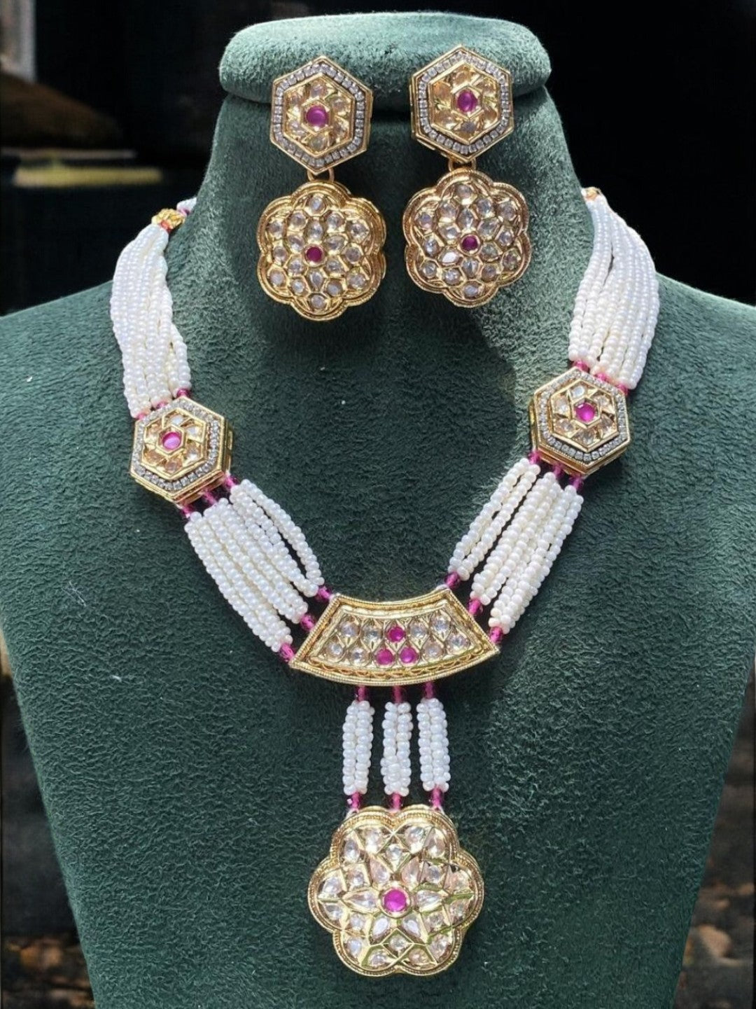 pearl kundan necklace, rani haar set, bridal kundan jewelry, ruby kundan necklace, traditional indian necklace, pearl strand necklace, heritage kundan set, floral pendant necklace, indian bridal set, house of pranvi jewelry, statement ethnic jewelry, kundan wedding jewelry, designer temple jewelry, handcrafted royal necklace