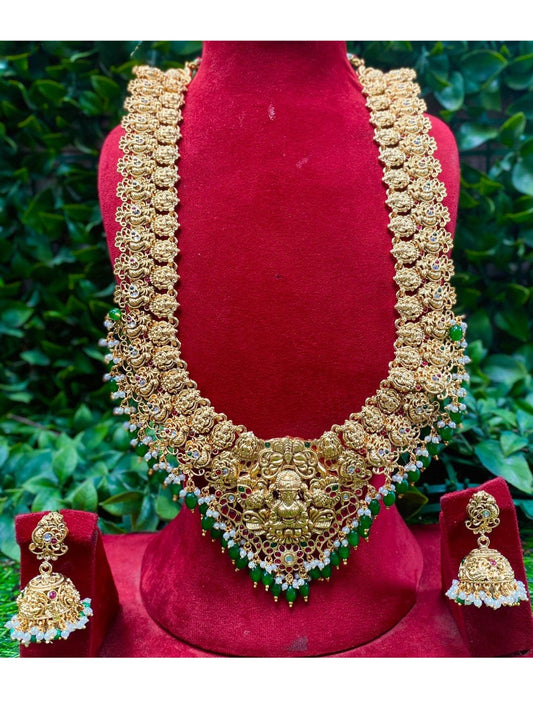 temple necklace set, Lakshmi jewellery, antique gold necklace, bridal temple jewellery, South Indian necklace, traditional necklace, handcrafted jewellery, gold plated necklace, festive jewellery, House of Pranvi necklace
