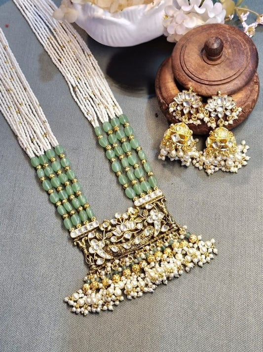 mint green jewellery, floral kundan set, pearl drop necklace, pastel bridal jewellery, traditional indian jewellery, handcrafted necklace earrings, heritage wedding jewellery, festive ethnic jewellery, house of pranvi jewellery, luxury handcrafted set

