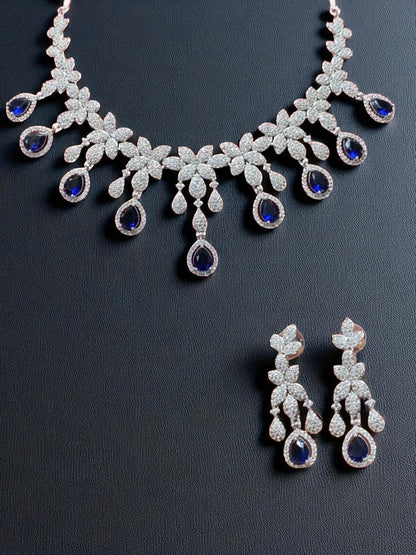 floral necklace, diamond look jewellery, bridal jewellery set, white stone necklace, teardrop earrings, luxury fashion jewellery, statement jewellary, designer necklace set, wedding reception jewellery, house of pranvi style