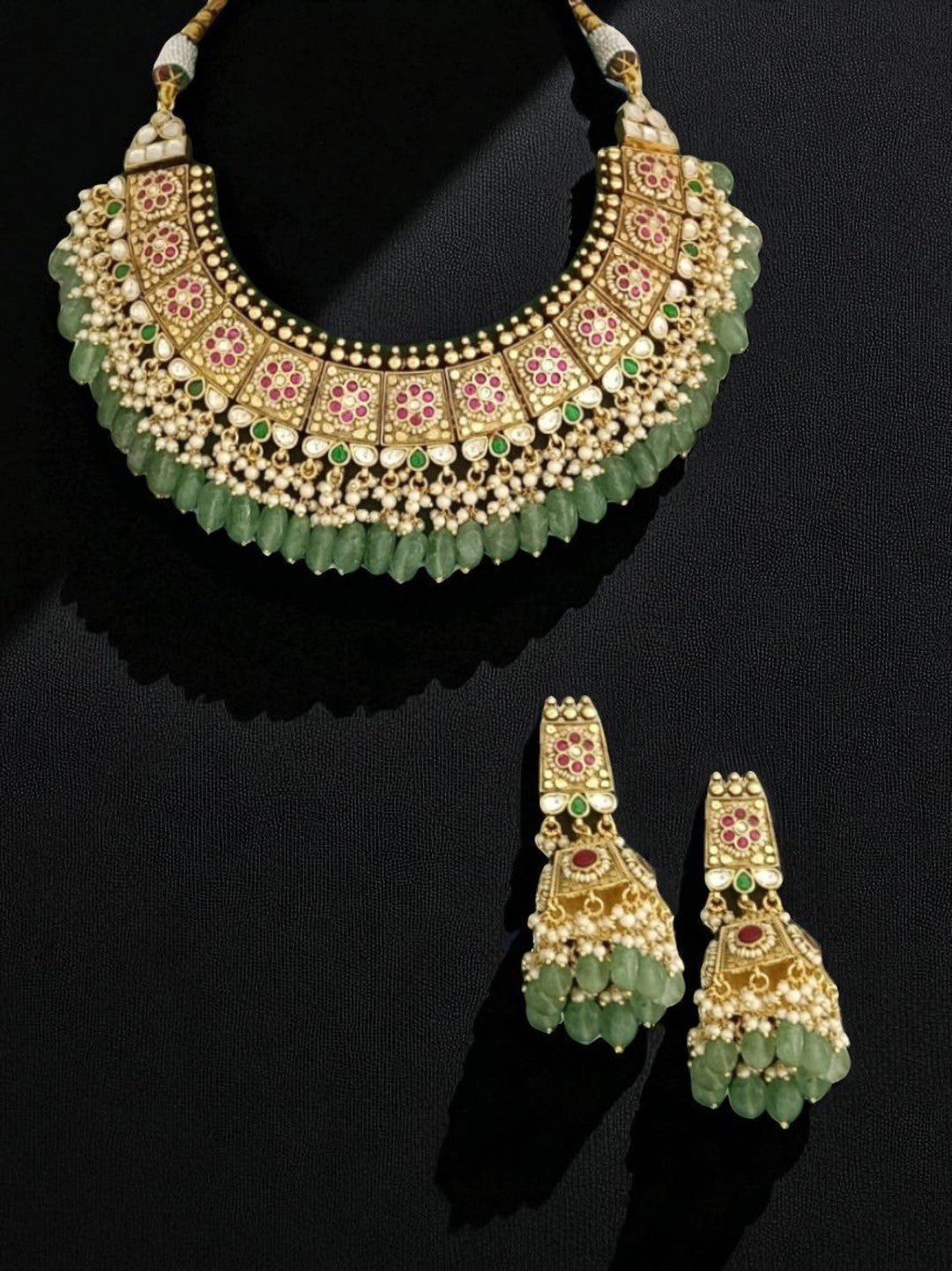 meenakari necklace, floral enamel jewellery, bridal choker set, traditional Indian necklace, green stone necklace, pearl drop jewellery, luxury festive jewellery, heritage jewellery set, royal Indian necklace, kundan meena necklace, handcrafted statement set, bridal wear jewellery
