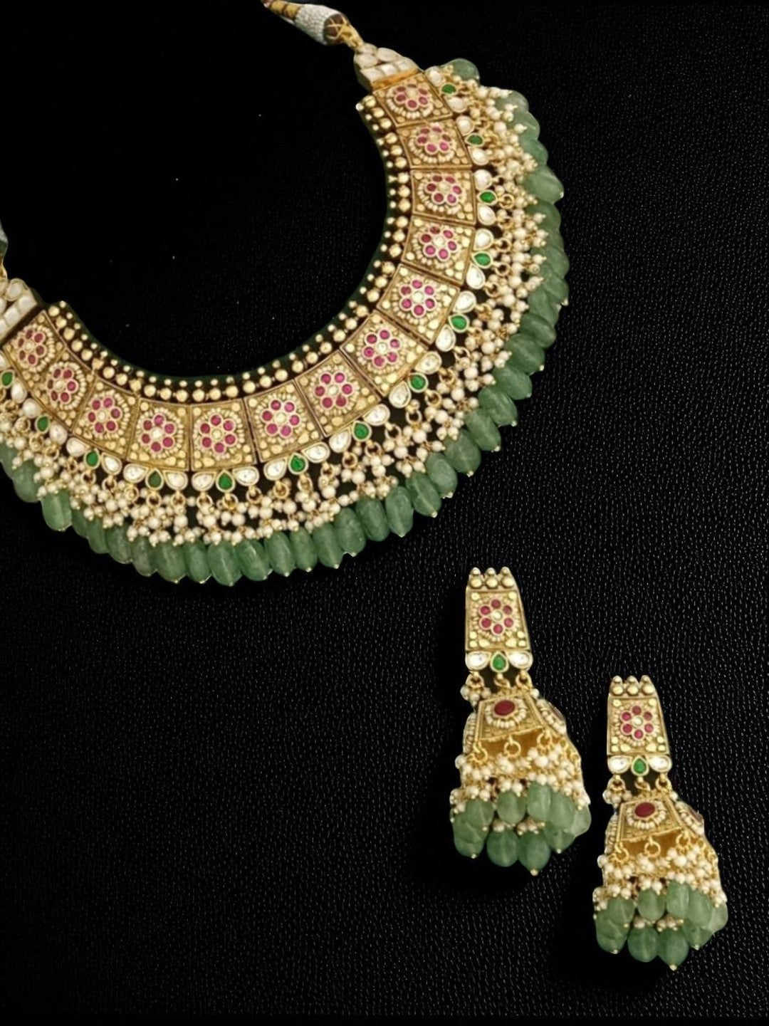 meenakari necklace, floral enamel jewellery, bridal choker set, traditional Indian necklace, green stone necklace, pearl drop jewellery, luxury festive jewellery, heritage jewellery set, royal Indian necklace, kundan meena necklace, handcrafted statement set, bridal wear jewellery