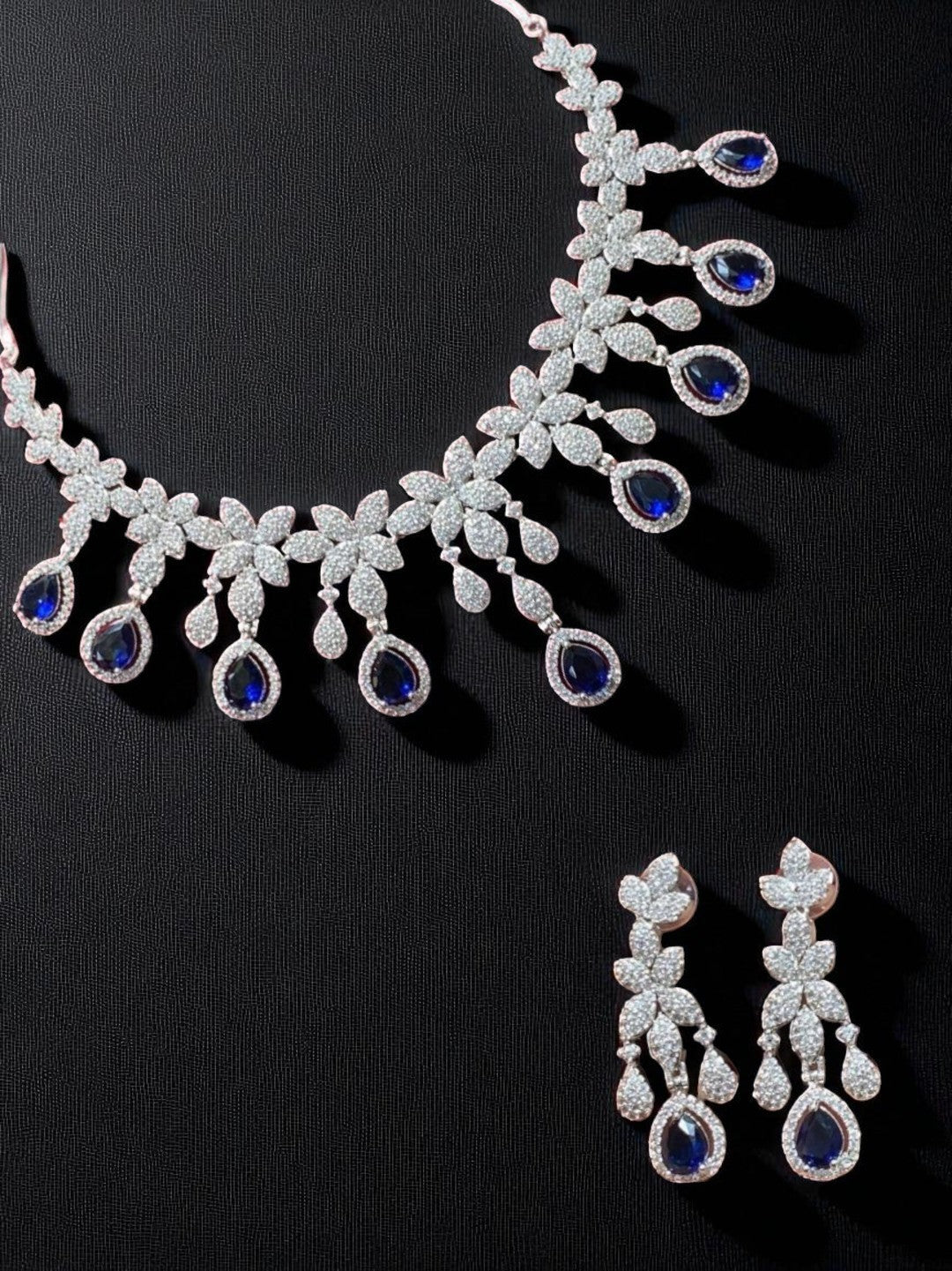 floral necklace, diamond look jewellery, bridal jewellery set, white stone necklace, teardrop earrings, luxury fashion jewellery, statement jewellary, designer necklace set, wedding reception jewellery, house of pranvi style