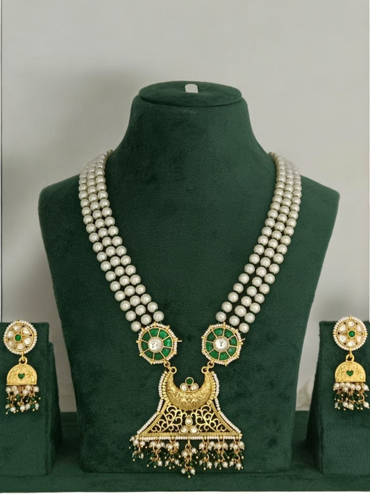 Temple jewelry necklace set, pearl choker with kundan work, Indian bridal jewelry, traditional South Indian jewelry, peacock design necklace, heritage pearl jewelry, antique gold temple set, House of Pranvi jewelry, luxury handcrafted accessories, festive ethnic jewelry, handcrafted temple jewelry, gold and pearl necklace, wedding jewelry set, ethnic statement jewelry, designer bridal choker.