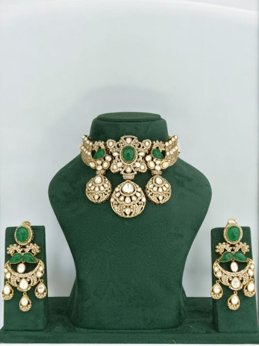 kundan choker set, antique gold jewelry, traditional bridal jewelry, green stone necklace set, handcrafted kundan earrings, Indian festive jewelry, House of Pranvi designs, ethnic choker sets