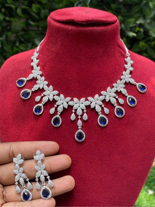 floral necklace, diamond look jewellery, bridal jewellery set, white stone necklace, teardrop earrings, luxury fashion jewellery, statement jewellary, designer necklace set, wedding reception jewellery, house of pranvi style