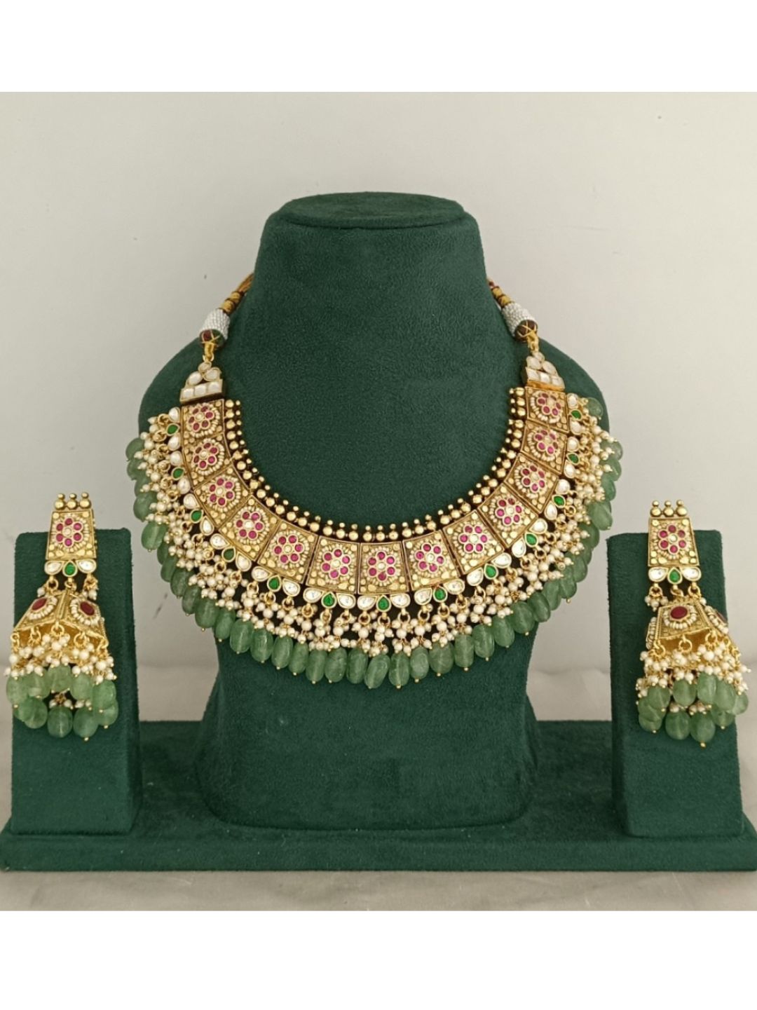 meenakari necklace, floral enamel jewellery, bridal choker set, traditional Indian necklace, green stone necklace, pearl drop jewellery, luxury festive jewellery, heritage jewellery set, royal Indian necklace, kundan meena necklace, handcrafted statement set, bridal wear jewellery