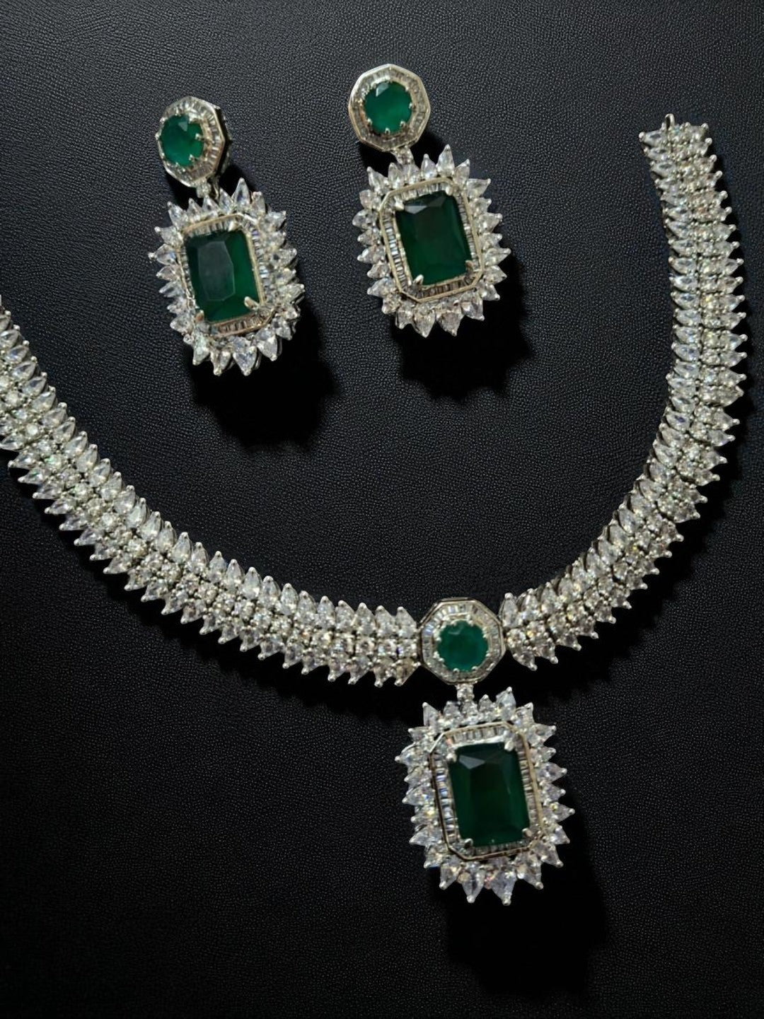 emerald necklace set, green stone jewellery, princess cut necklace, bridal set, american diamond jewellery, house of pranvi, statement necklace, luxury indian jewellery, emerald earrings, festive wear jewellery, engagement set, regal jewellery, traditional with modern twist, evening wear set