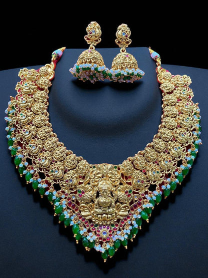 temple jewellery set, gold necklace set, Lakshmi necklace, bridal temple jewellery, traditional necklace, antique gold jewellery, handcrafted necklace, South Indian jewellery, wedding jewellery, House of Pranvi jewellery