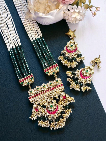 navratna jewellery set, ruby emerald necklace, multicolor kundan jewellery, green beaded necklace, bridal statement jewellery, traditional indian jewellery, house of pranvi collection, handcrafted ethnic set, festive wedding jewellery, bold kundan jewellery