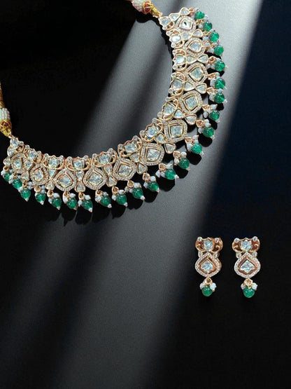 fusion festive jewellery, bold ethnic set, green gemstone choker, glam traditional look, wedding party necklace, trendy jewellery set, designer ethnic jewellery, kundan and beads, sangeet jewellery, house of pranvi glam

Let me know if y