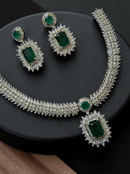 emerald necklace set, green stone jewellery, princess cut necklace, bridal set, american diamond jewellery, house of pranvi, statement necklace, luxury indian jewellery, emerald earrings, festive wear jewellery, engagement set, regal jewellery, traditional with modern twist, evening wear set