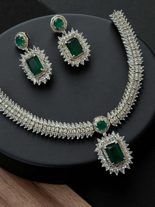 emerald necklace set, green stone jewellery, princess cut necklace, bridal set, american diamond jewellery, house of pranvi, statement necklace, luxury indian jewellery, emerald earrings, festive wear jewellery, engagement set, regal jewellery, traditional with modern twist, evening wear set