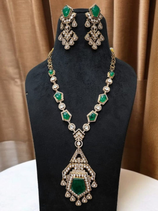 meher emerald necklace, geometric kundan jewelry, contemporary Indian bridal set, emerald and polki modern, statement kundan earrings, green gemstone set, sleek ethnic necklace, heritage minimalism, kundan emerald fusion, wedding guest jewelry