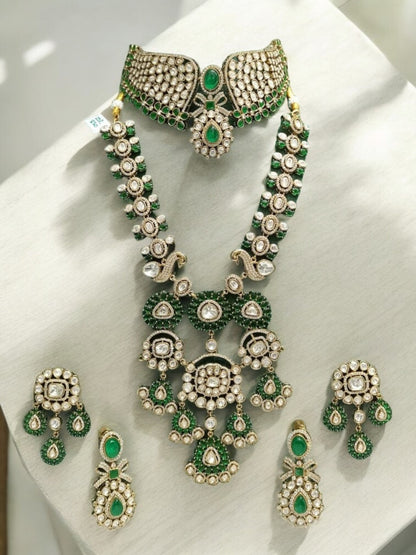 zahra bridal jewelry, emerald polki necklace, dulhan set green stones, rani haar and choker, kundan bridal 2025, heavy bridal necklace, green kundan jewelry, House of Pranvi, Indian wedding heirlooms, royal dulhan look