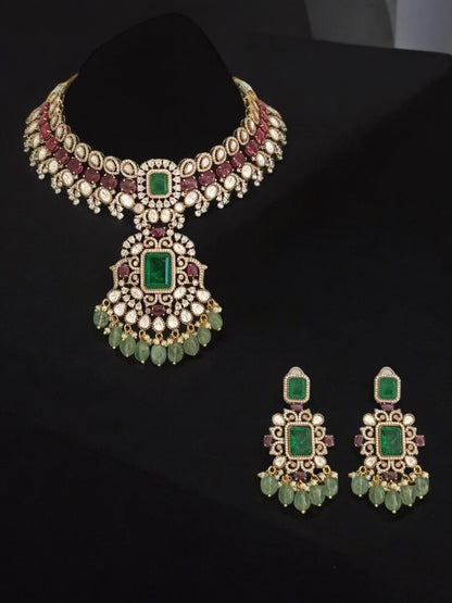 mehrunisa choker set, mughal inspired jewelry, ruby emerald choker, heritage bridal necklace, regal kundan jewelry, green drop necklace set, traditional Indian polki set, ruby green wedding jewelry, statement bridal choker

