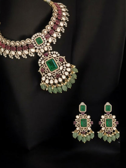 mehrunisa choker set, mughal inspired jewelry, ruby emerald choker, heritage bridal necklace, regal kundan jewelry, green drop necklace set, traditional Indian polki set, ruby green wedding jewelry, statement bridal choker

