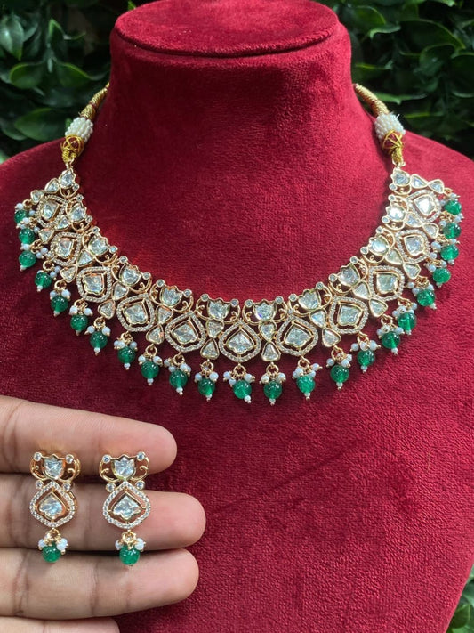 fusion festive jewellery, bold ethnic set, green gemstone choker, glam traditional look, wedding party necklace, trendy jewellery set, designer ethnic jewellery, kundan and beads, sangeet jewellery, house of pranvi glam

