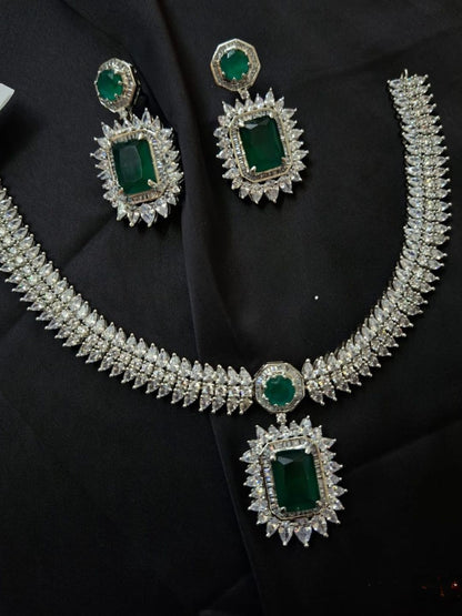 emerald necklace set, green stone jewellery, princess cut necklace, bridal set, american diamond jewellery, house of pranvi, statement necklace, luxury indian jewellery, emerald earrings, festive wear jewellery, engagement set, regal jewellery, traditional with modern twist, evening wear set