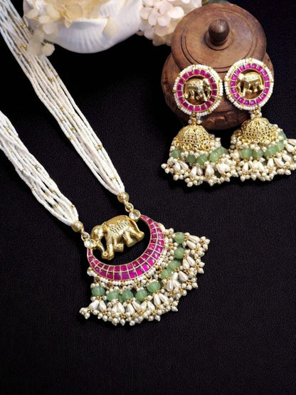 elephant motif jewellery, pink green jewellery set, crescent necklace design, traditional temple jewellery, pearl kundan set, festive ethnic jewellery, handcrafted bridal jewellery, house of pranvi jewellery, royal animal inspired set, statement gold necklace