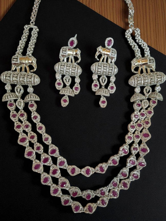 statement necklace, bridal jewellery, ruby necklace set, elephant design jewellery, Indian heritage jewellery, kundan look jewellery, festive jewellery set, traditional necklace, silver polish jewellery, ethnic necklace and earrings set


