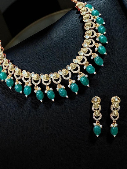 green stone choker, lightweight ethnic jewellery, nature inspired necklace, festive wear accessories, green drop earrings, minimal traditional jewellery, crescent motif necklace, luxury handcrafted set, heritage elegance