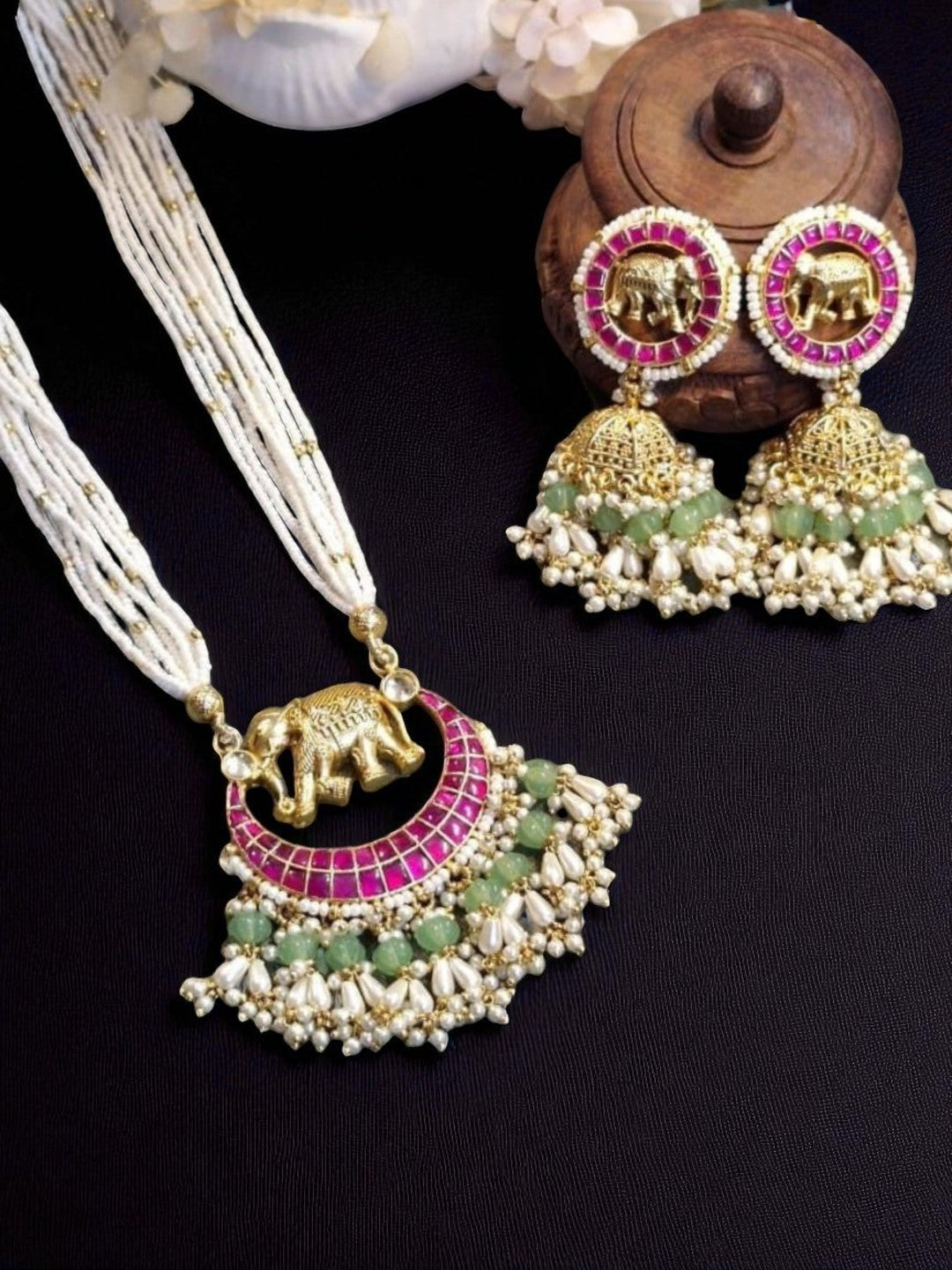 elephant motif jewellery, pink green jewellery set, crescent necklace design, traditional temple jewellery, pearl kundan set, festive ethnic jewellery, handcrafted bridal jewellery, house of pranvi jewellery, royal animal inspired set, statement gold necklace