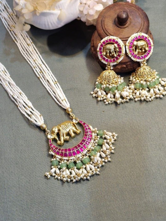 elephant motif jewellery, pink green jewellery set, crescent necklace design, traditional temple jewellery, pearl kundan set, festive ethnic jewellery, handcrafted bridal jewellery, house of pranvi jewellery, royal animal inspired set, statement gold necklace