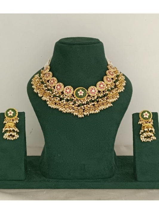 floral meenakari necklace, jhumka earrings set, traditional Indian jewellery, wedding necklace set, heritage meenakari jewellery, green and pink enamel necklace, handcrafted ethnic set, festive necklace set, gold tone bridal necklace, luxury haldi jewellery, kundan meenakari necklace, statement jhumka necklace set

