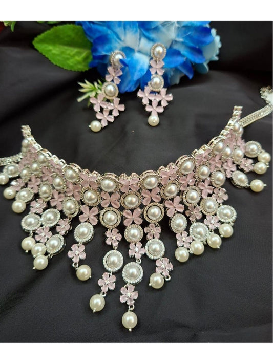 pearl choker set, pastel floral set, destination wedding jewellery, light bridal jewellery, floral theme necklace, wedding accessories
