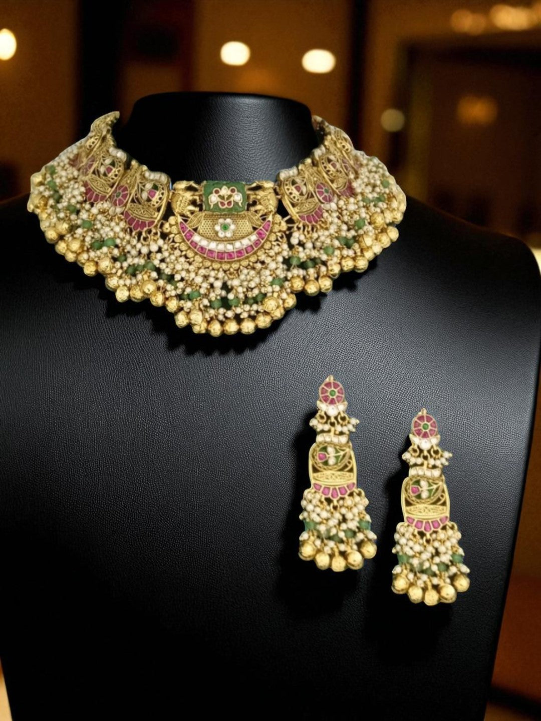 temple jewellery necklace, bridal choker set, South Indian necklace, traditional gold jewellery, meenakari temple necklace, heritage wedding set, handcrafted bridal jewellery, layered pearl choker, festive ethnic jewellery, jhumka earrings set, royal Indian necklace, statement temple jewellery