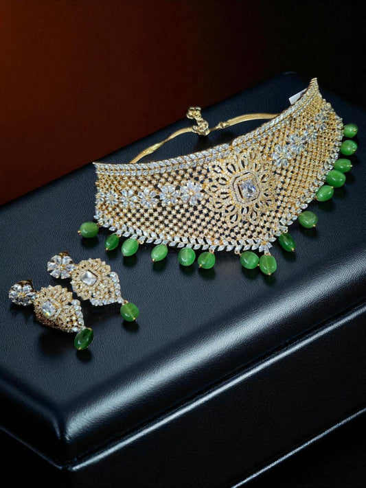 green choker set, golden mesh jewellery, jade drop necklace, bridal kundan jewellery, statement gold choker, diamond look choker, ethnic jewellery set, sangeet jewellery, cocktail wedding set, green stone earrings, luxurious bridal jewellery